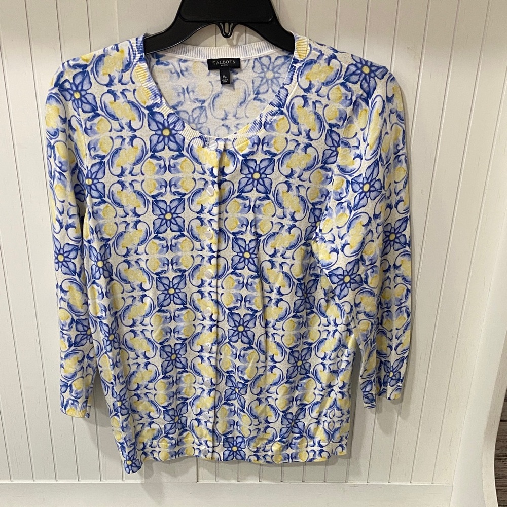 Talbots Women's Floral Button Down Shirt - Blue and Yellow lemon print cardigan